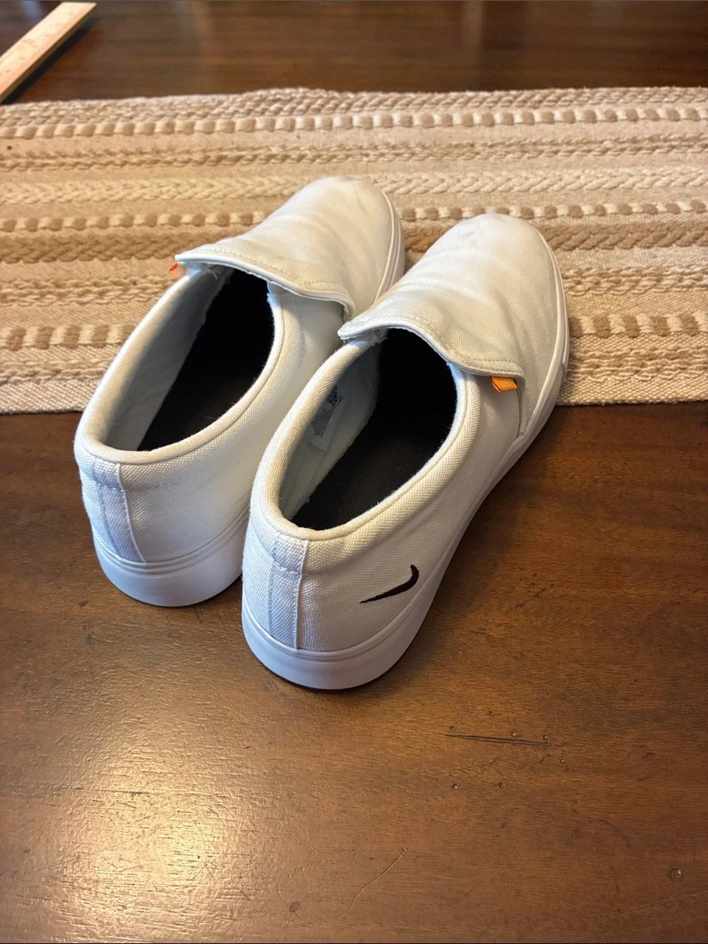 Nike White Canvas Court Royale Slip-On Loafers with Black Swoosh